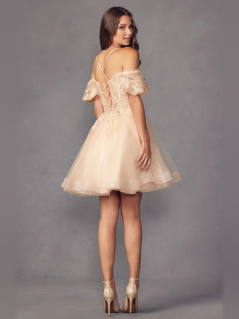 Champagne short homecoming dress, alternate view showing the full-length silhouette from another angle