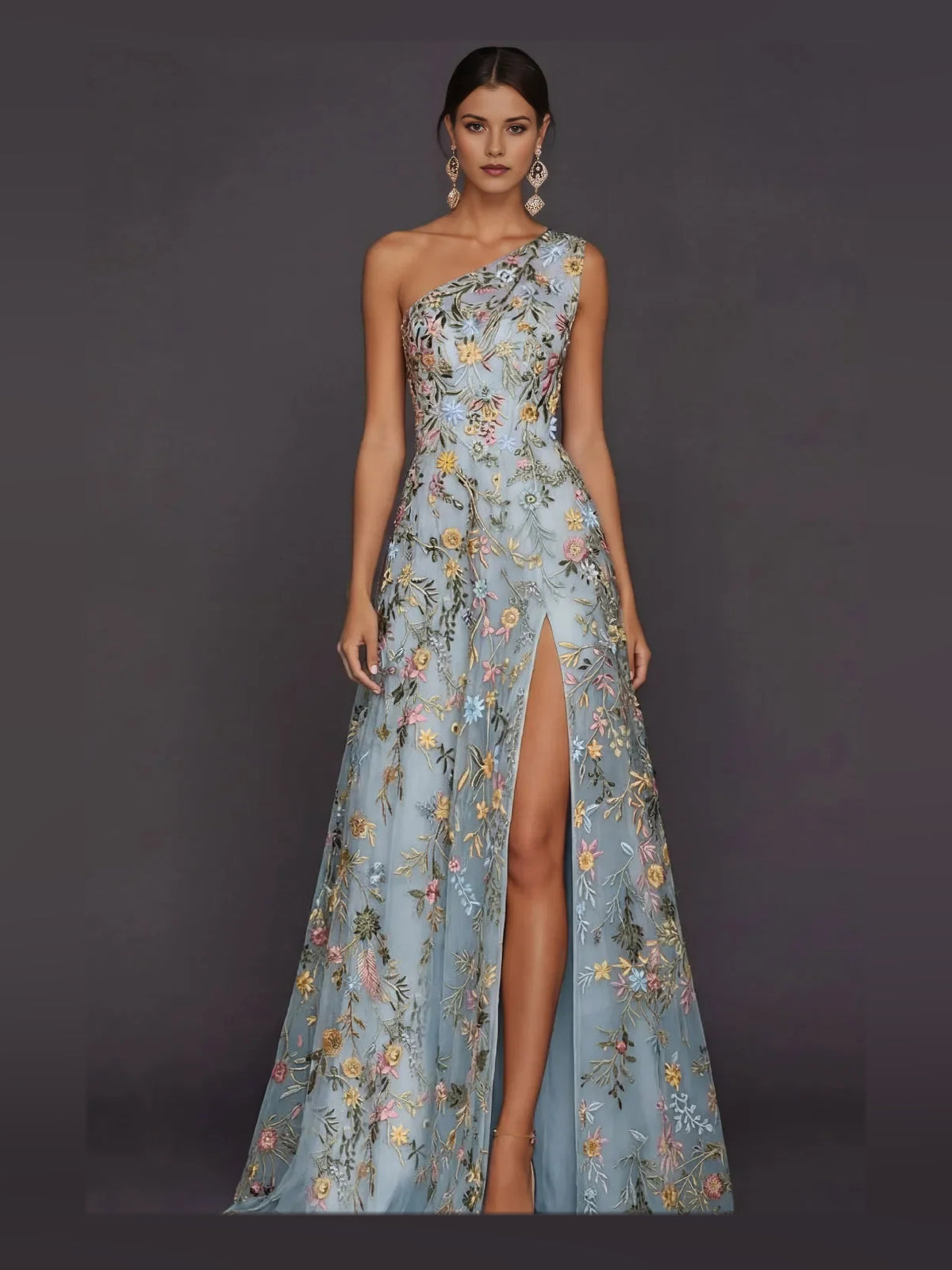 Light Blue maxi prom dress, alternate view showing the full-length silhouette