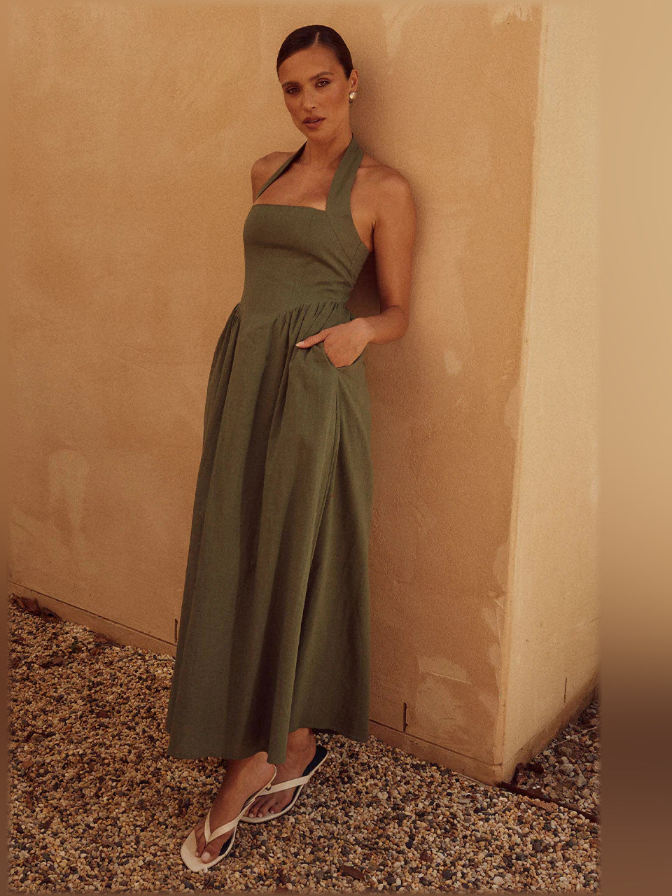 Khaki a-line midi formal dress with halter neckline, alternate view showing the shoulder line