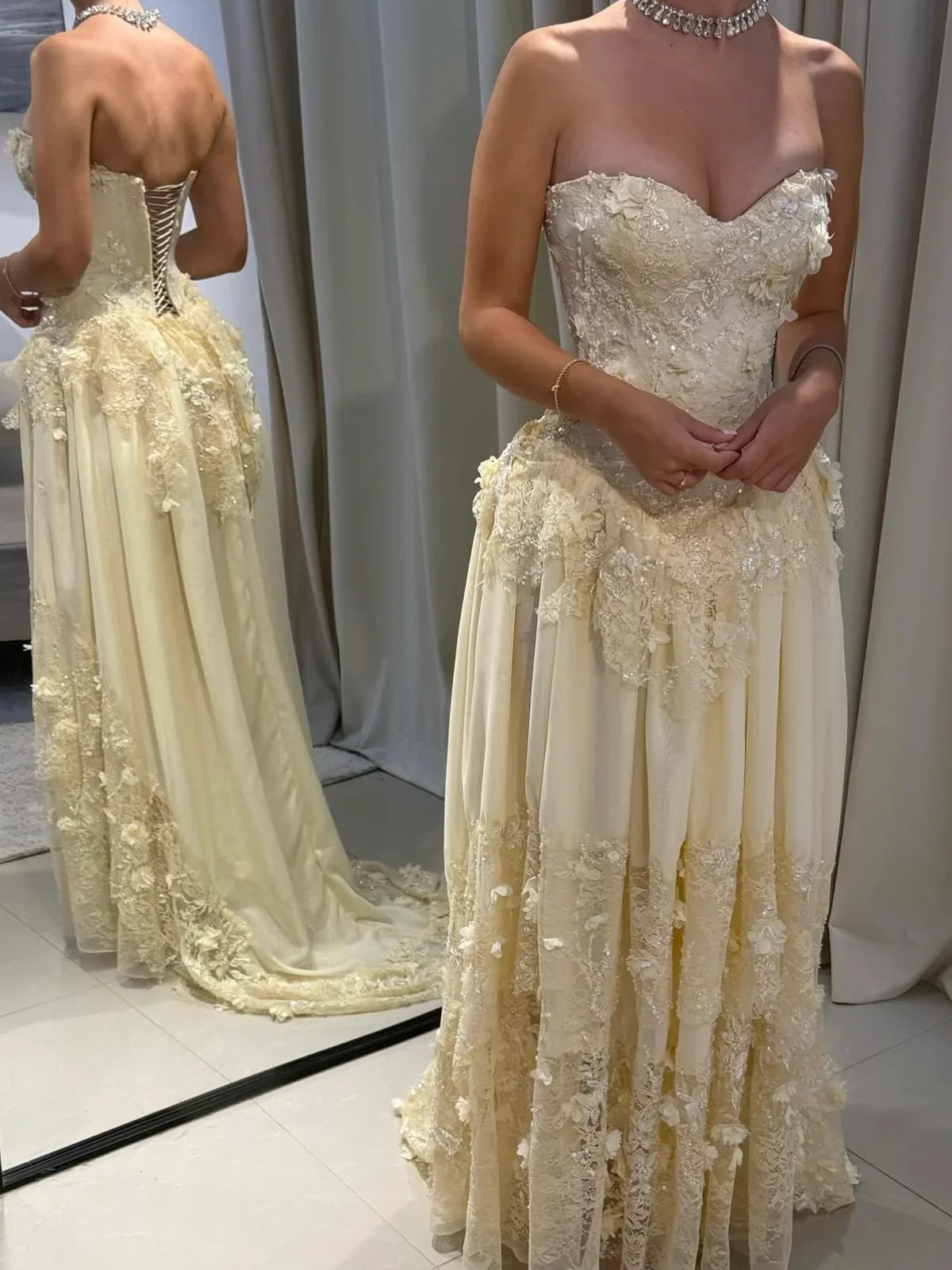 Pale Lemon a-line floor-length formal dress with tiered skirt, alternate view showing the shoulder line
