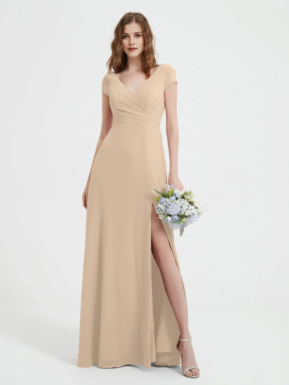 Red maxi bridesmaid dress, alternate view showing the full-length silhouette