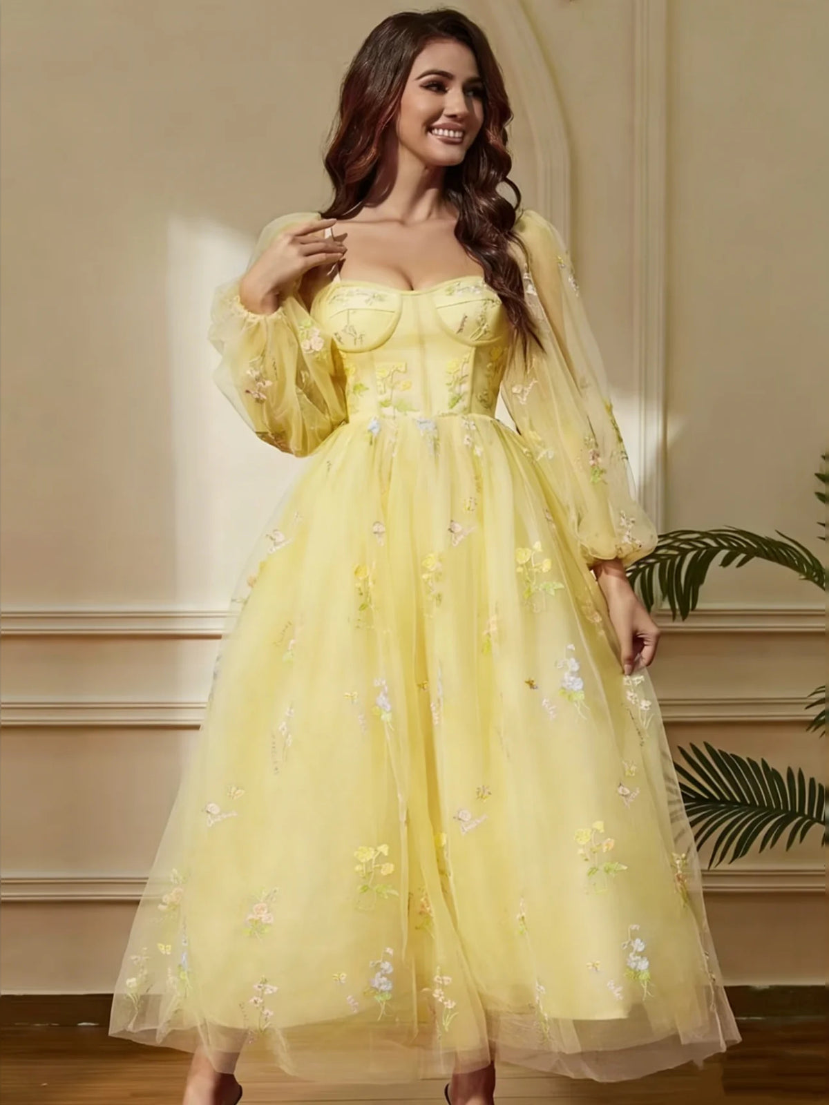 Daffodil midi prom dress, alternate view showing the full-length silhouette