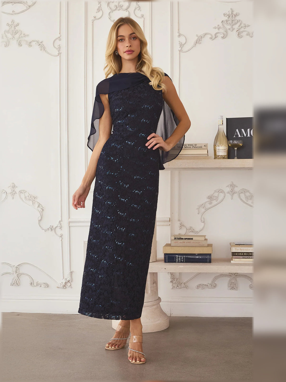 Navy Blue sheath midi formal dress with skirt slit, alternate view