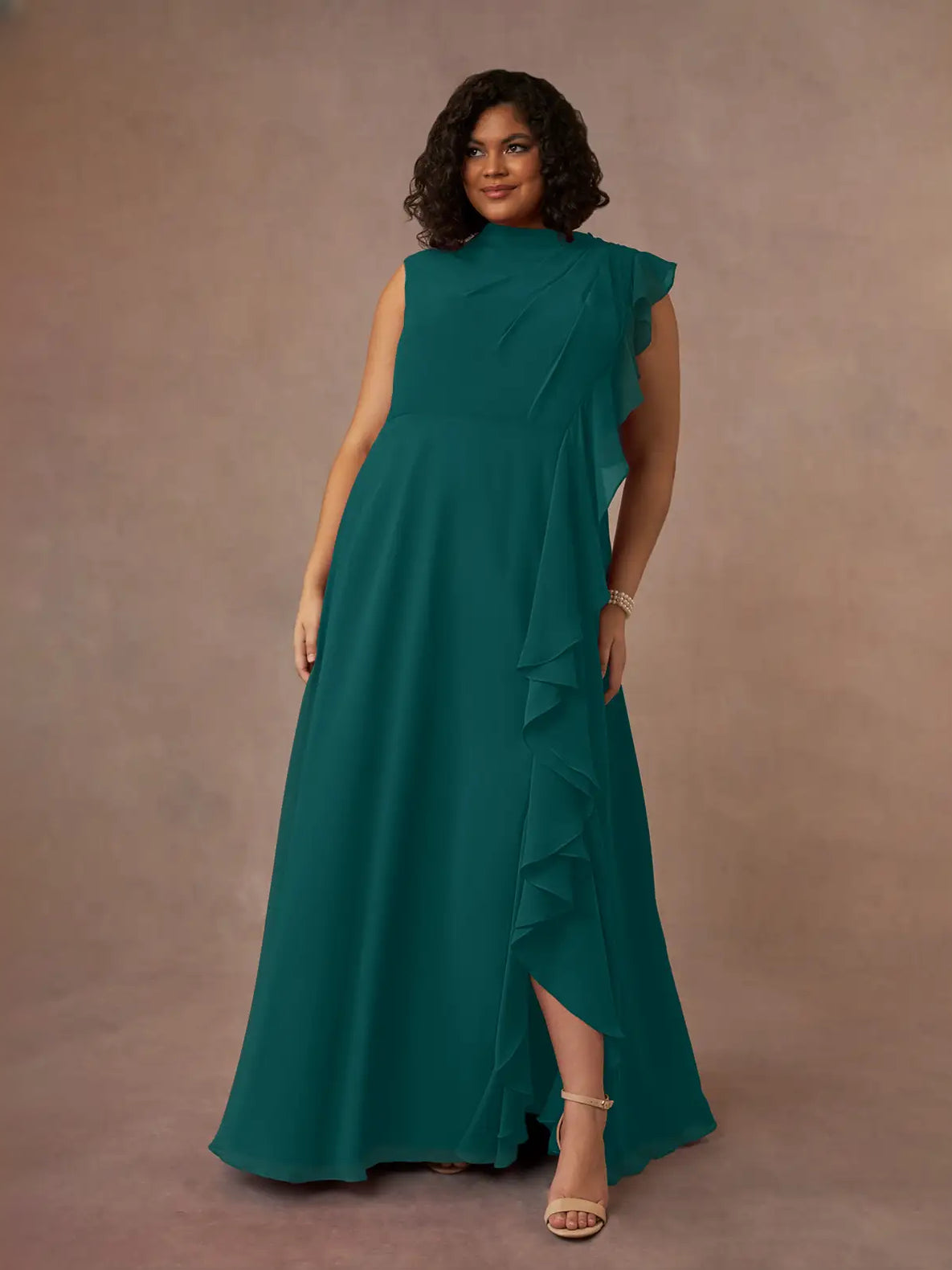 Peacock maxi bridesmaid dress, alternate view showing the full-length silhouette