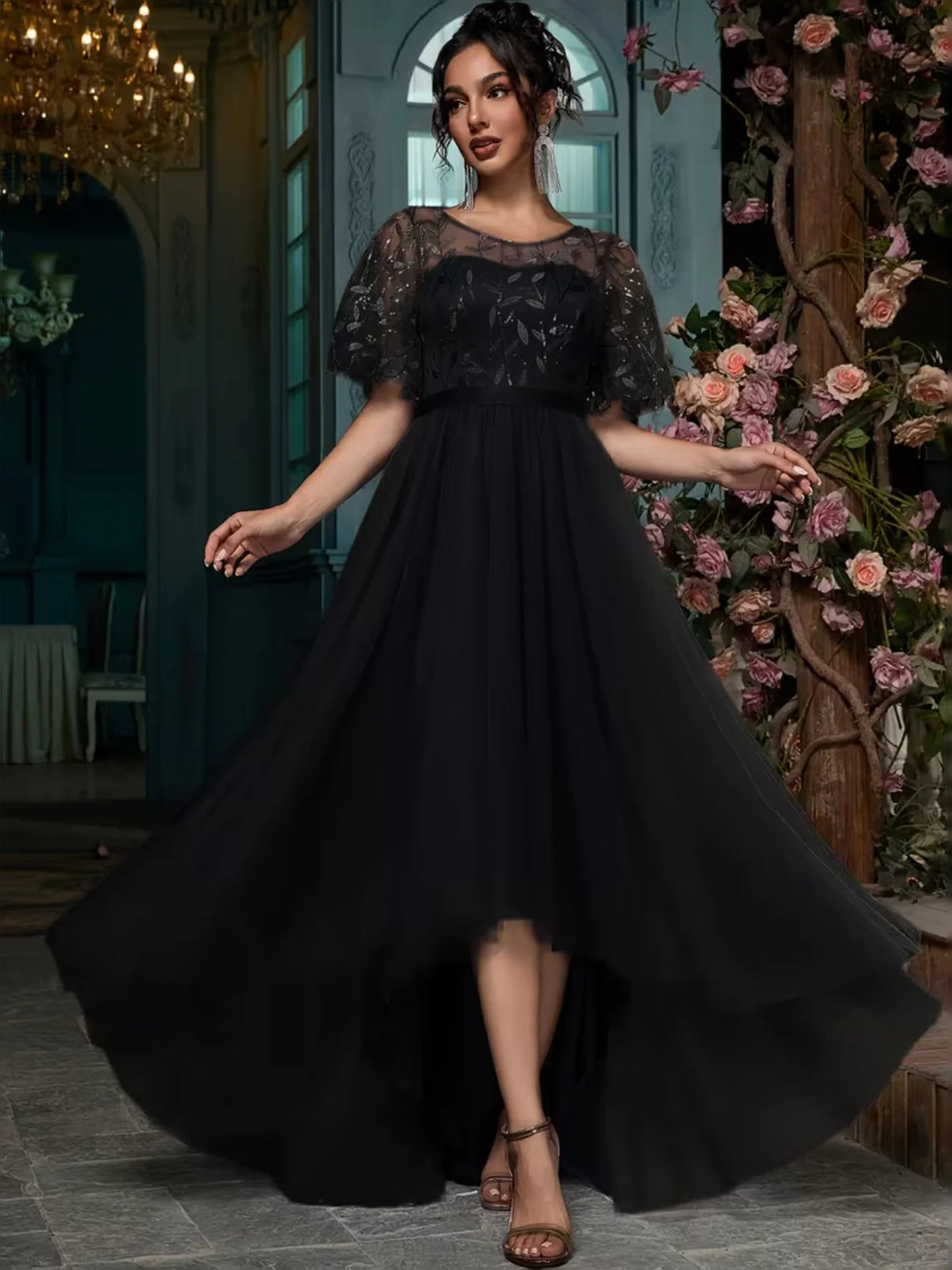 Black maxi prom dress, alternate view showing the full-length silhouette