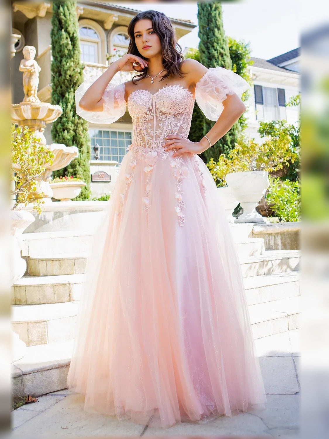 Blue a-line floor-length formal dress with floral print, alternate view showing the shoulder line