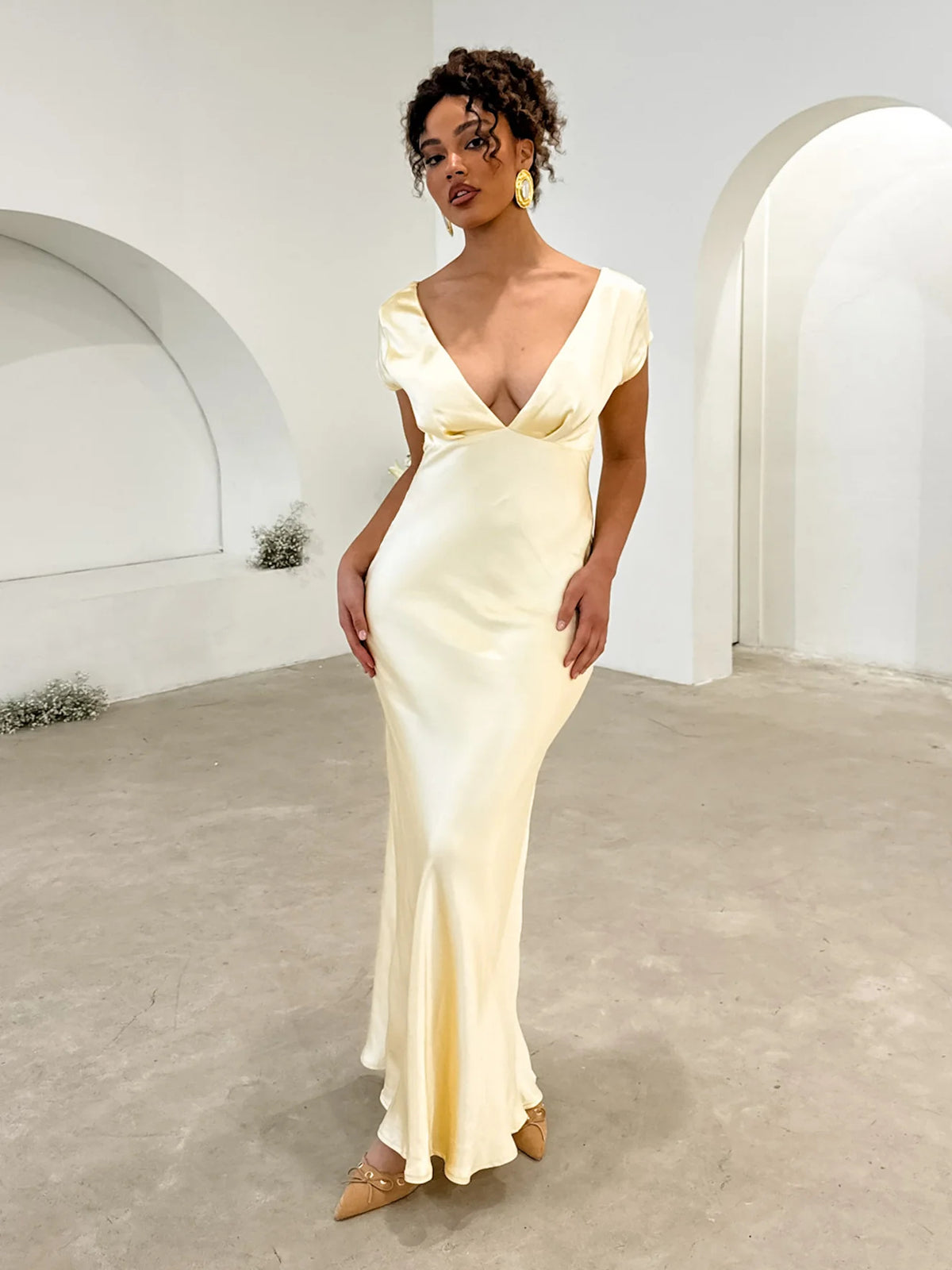 Yellow midi formal dress with V-neckline, alternate view showing the shoulder line