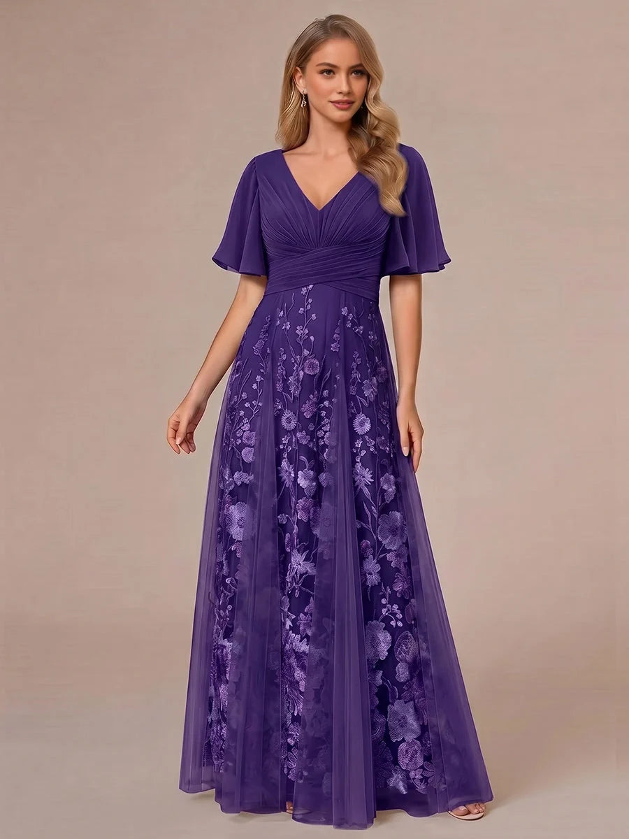 Purple floor-length mother of the bride dress, alternate view showing the full-length silhouette
