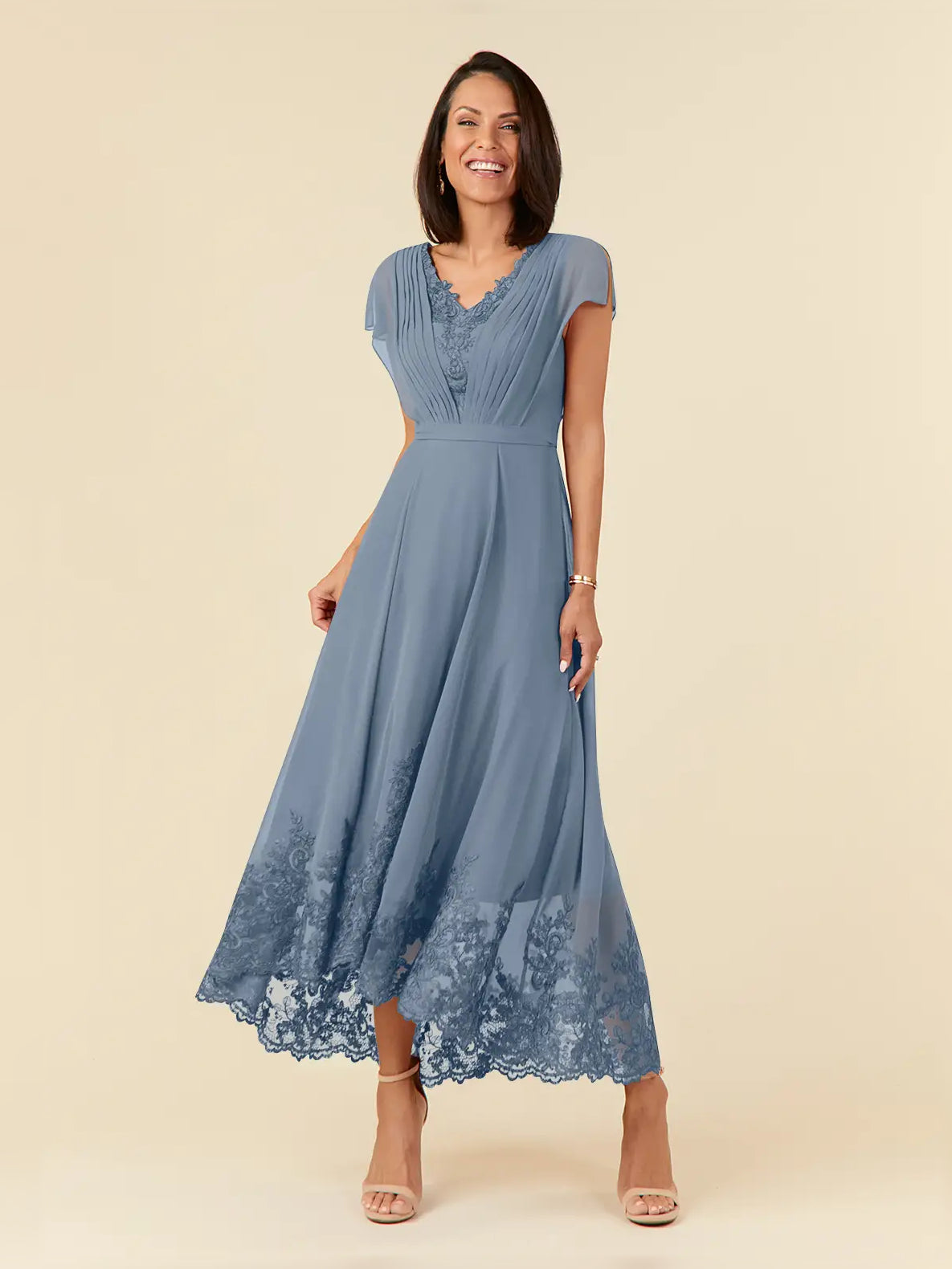 Royal Blue midi mother of the bride dress, alternate view showing the full-length silhouette