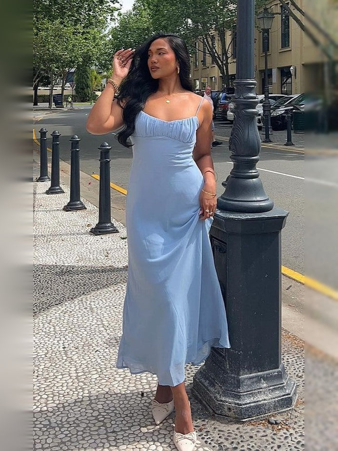 Blue midi formal dress, alternate view showing the shoulder line