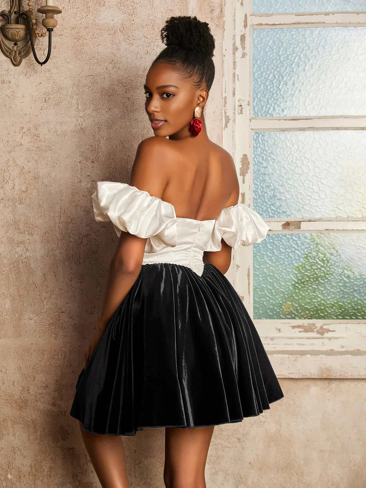 Burgundy mini homecoming dress, alternate view showing the full-length silhouette from another angle