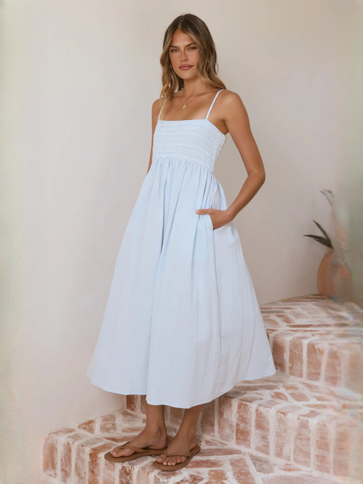 Blue midi formal dress, alternate view showing the shoulder line