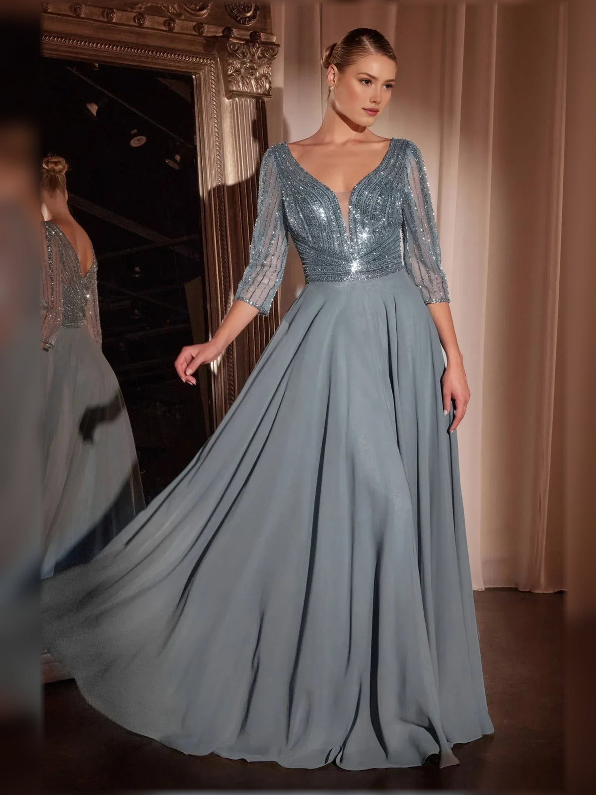 Mist Blue a-line floor-length formal dress with beading, alternate view