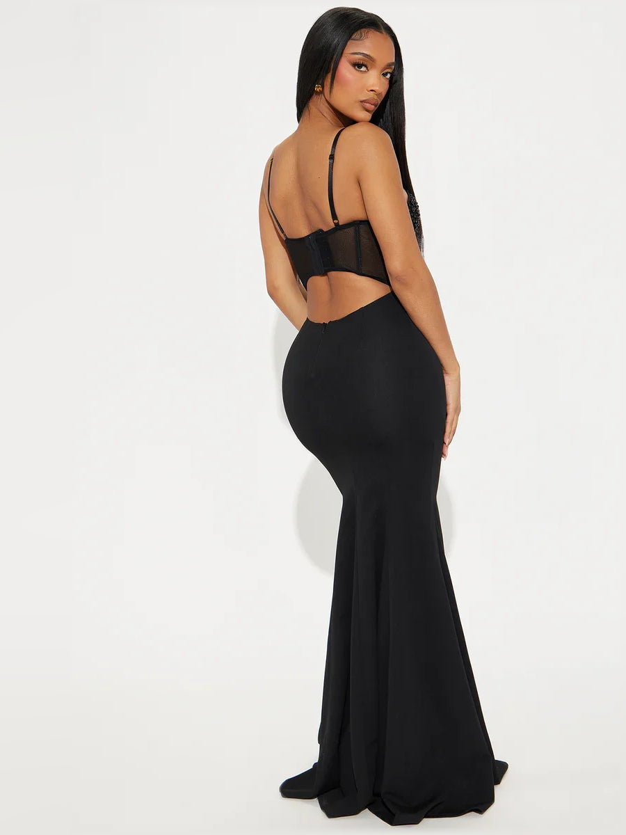Black mermaid floor-length formal dress with beading, alternate view