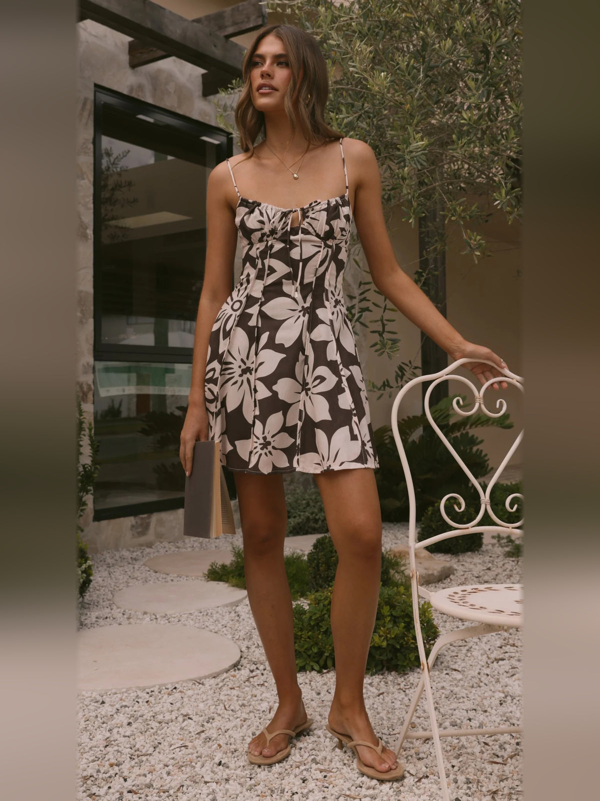 Chocolate Floral mini homecoming dress, alternate view showing the full-length silhouette