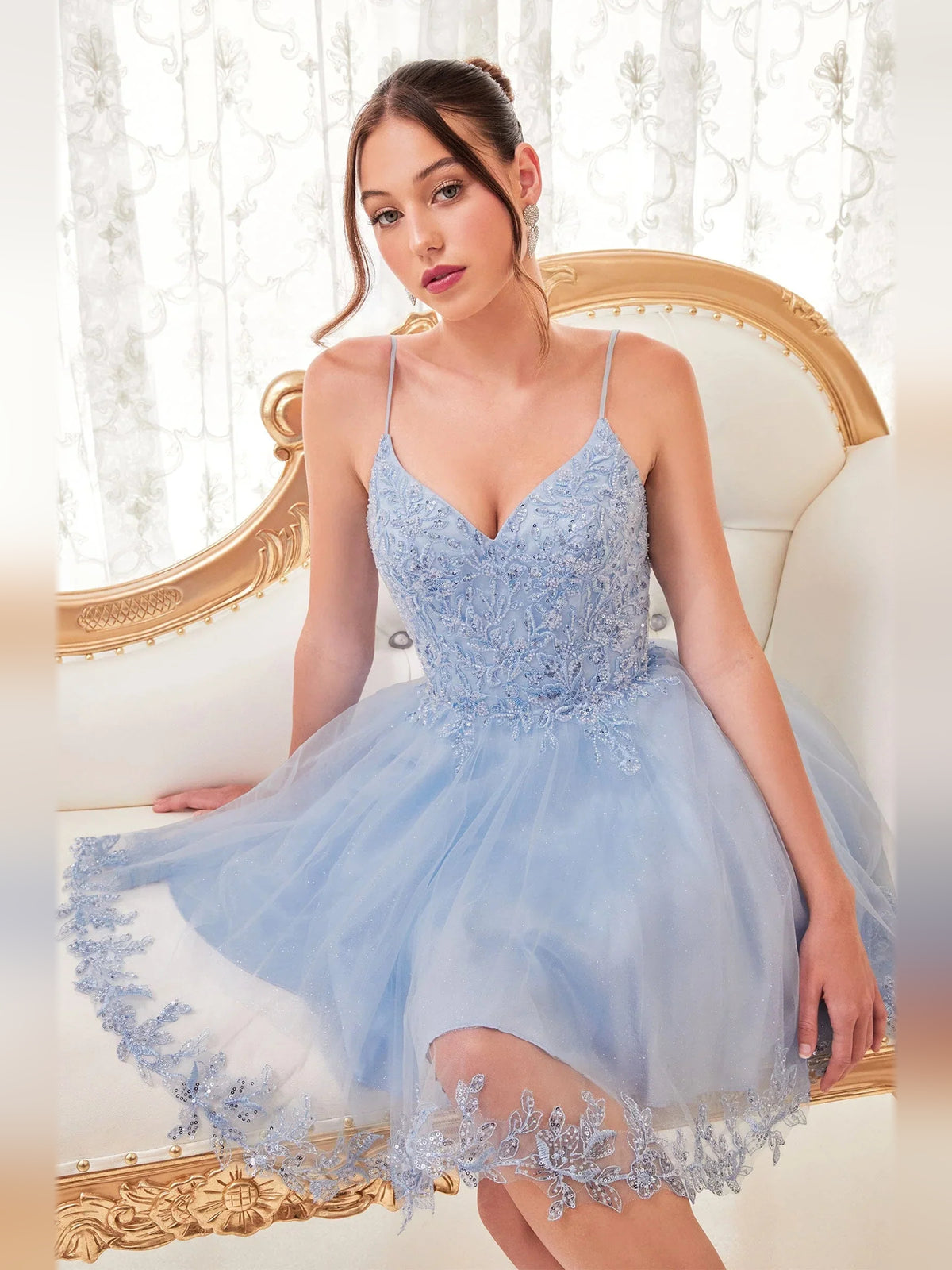 Light Blue short homecoming dress, alternate view showing the full-length silhouette