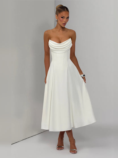 Ivory midi formal dress, alternate view showing the shoulder line