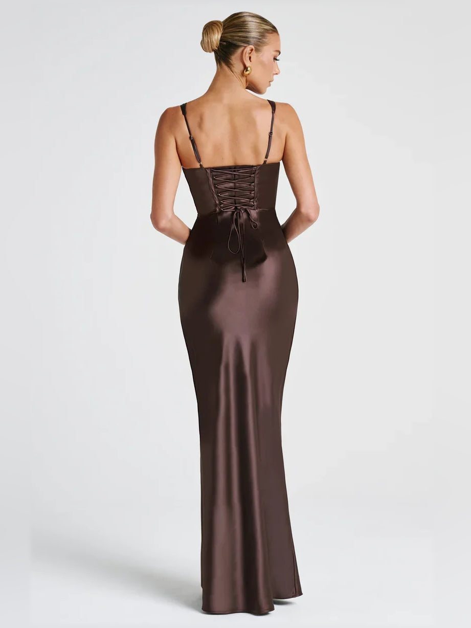 Black mermaid floor-length formal dress with draping, alternate view showing the shoulder line