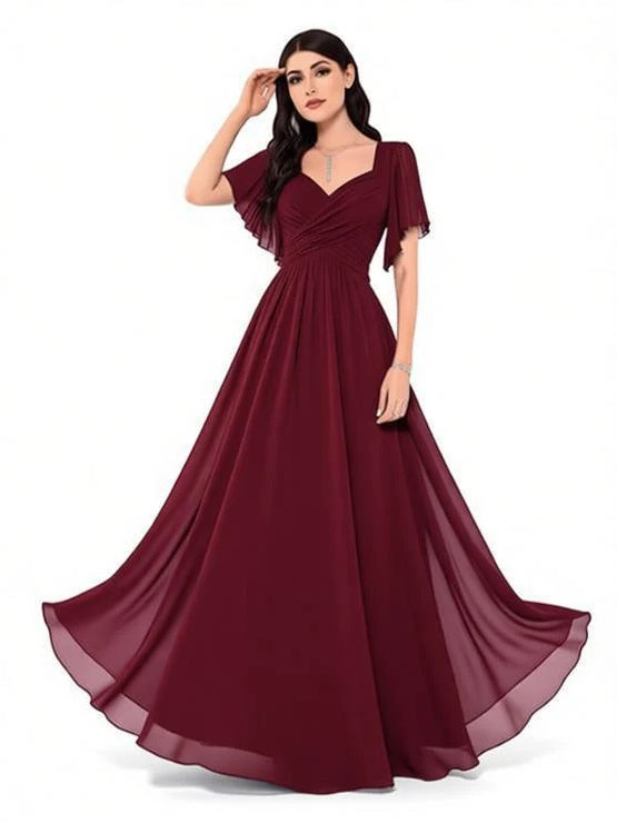 Burgundy maxi bridesmaid dress, alternate view showing the full-length silhouette