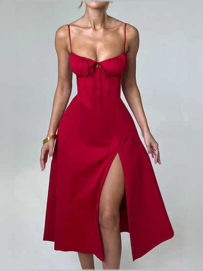 Red midi formal dress, alternate view showing the shoulder line