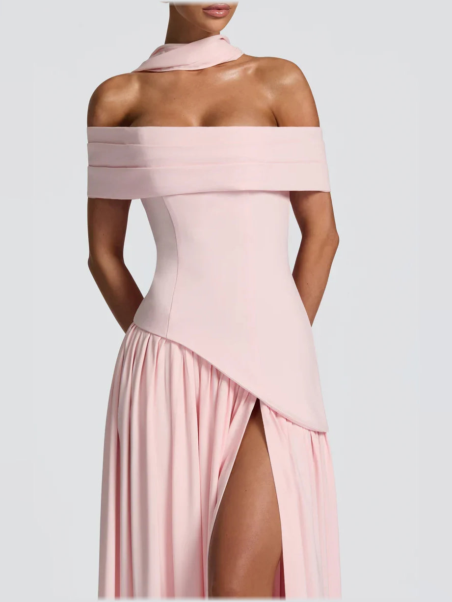 Blush Pink sheath floor-length formal dress with pleated skirt, alternate view