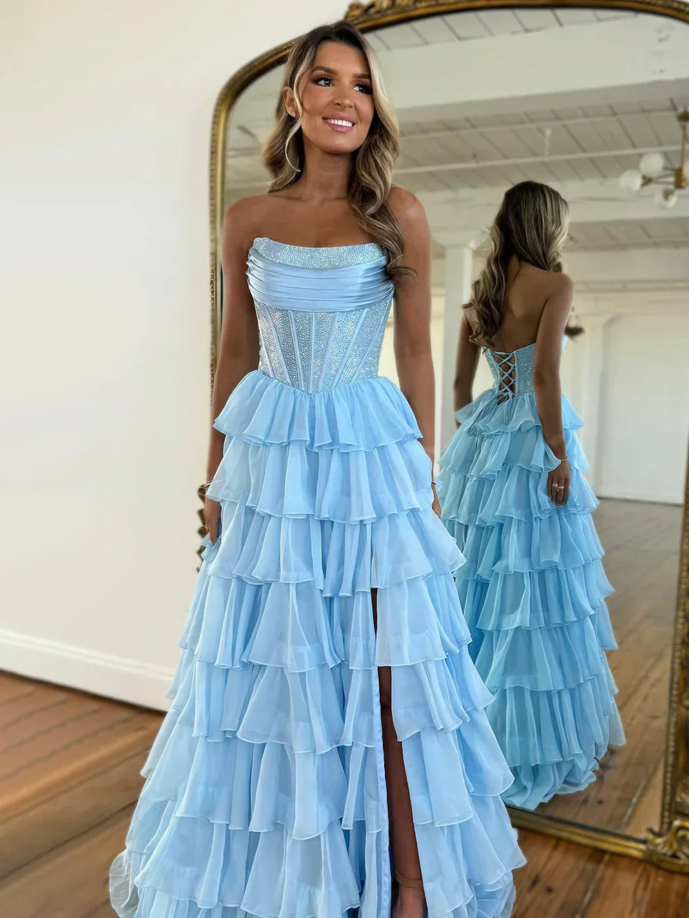Light Blue maxi prom dress, alternate view showing the full-length silhouette