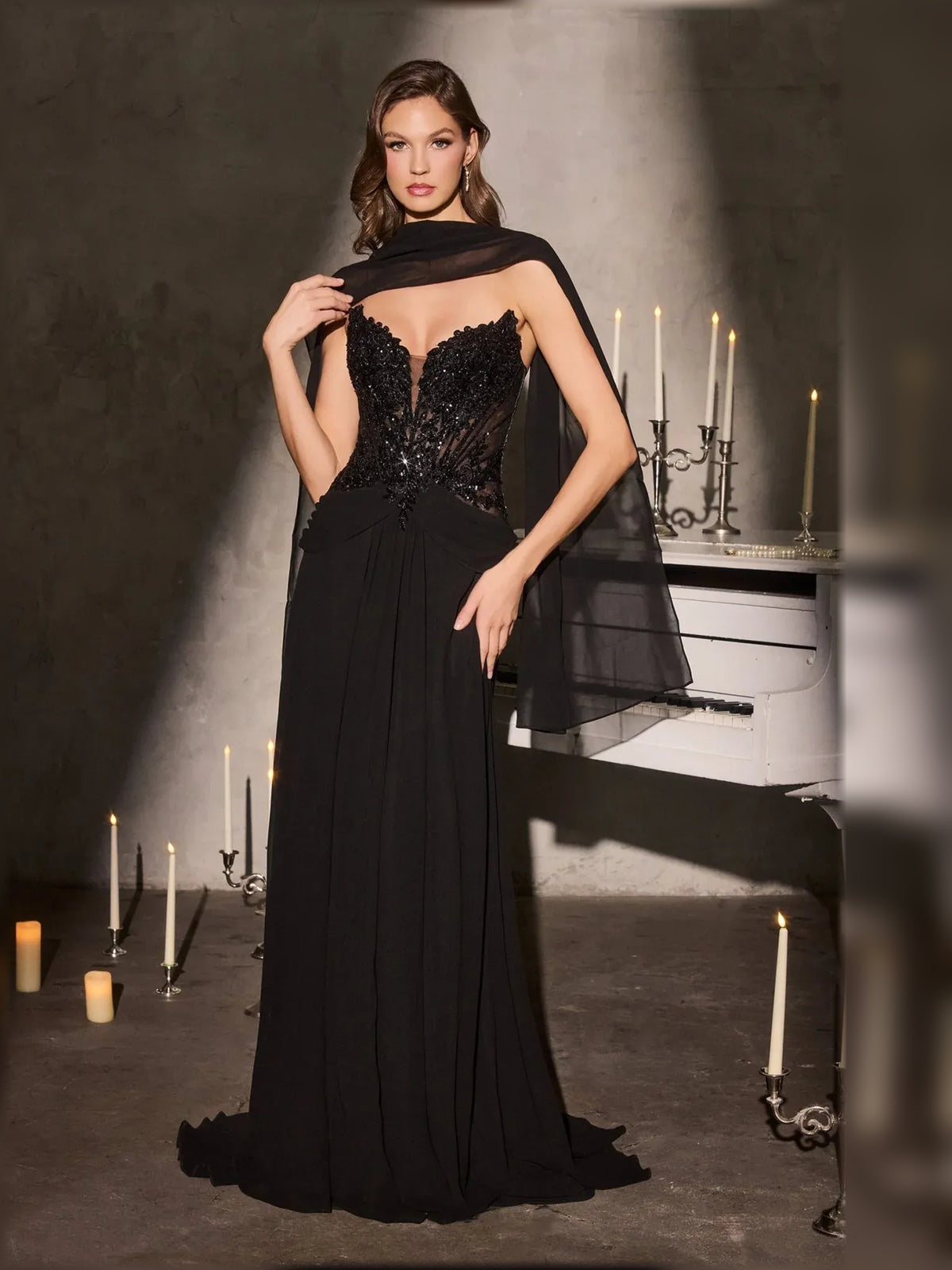 Black floor-length mother of the bride dress, alternate view showing the full-length silhouette