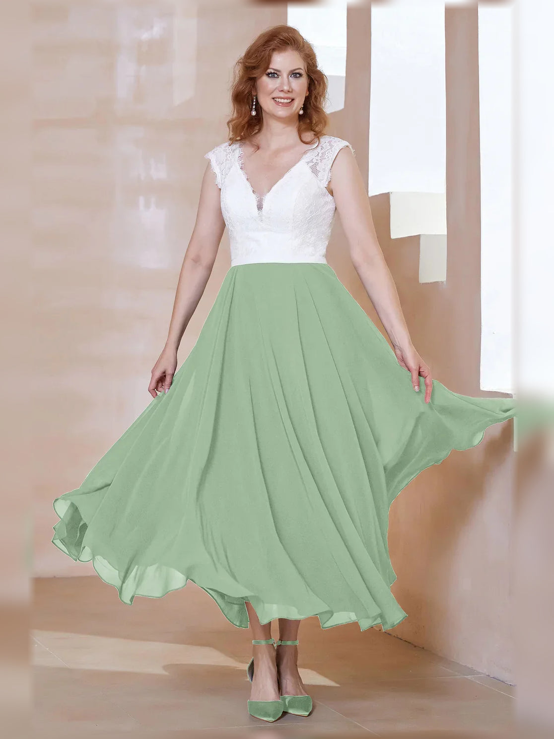Sage Green midi mother of the bride dress, alternate view showing the full-length silhouette