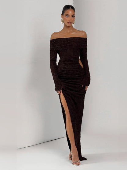 Brown midi formal dress, alternate view showing the shoulder line