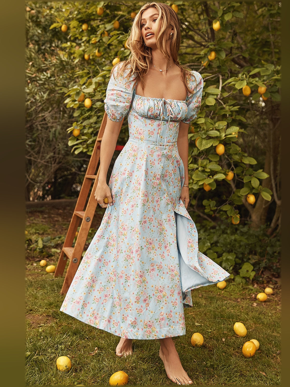 Floral midi formal dress with floral print, alternate view showing the shoulder line