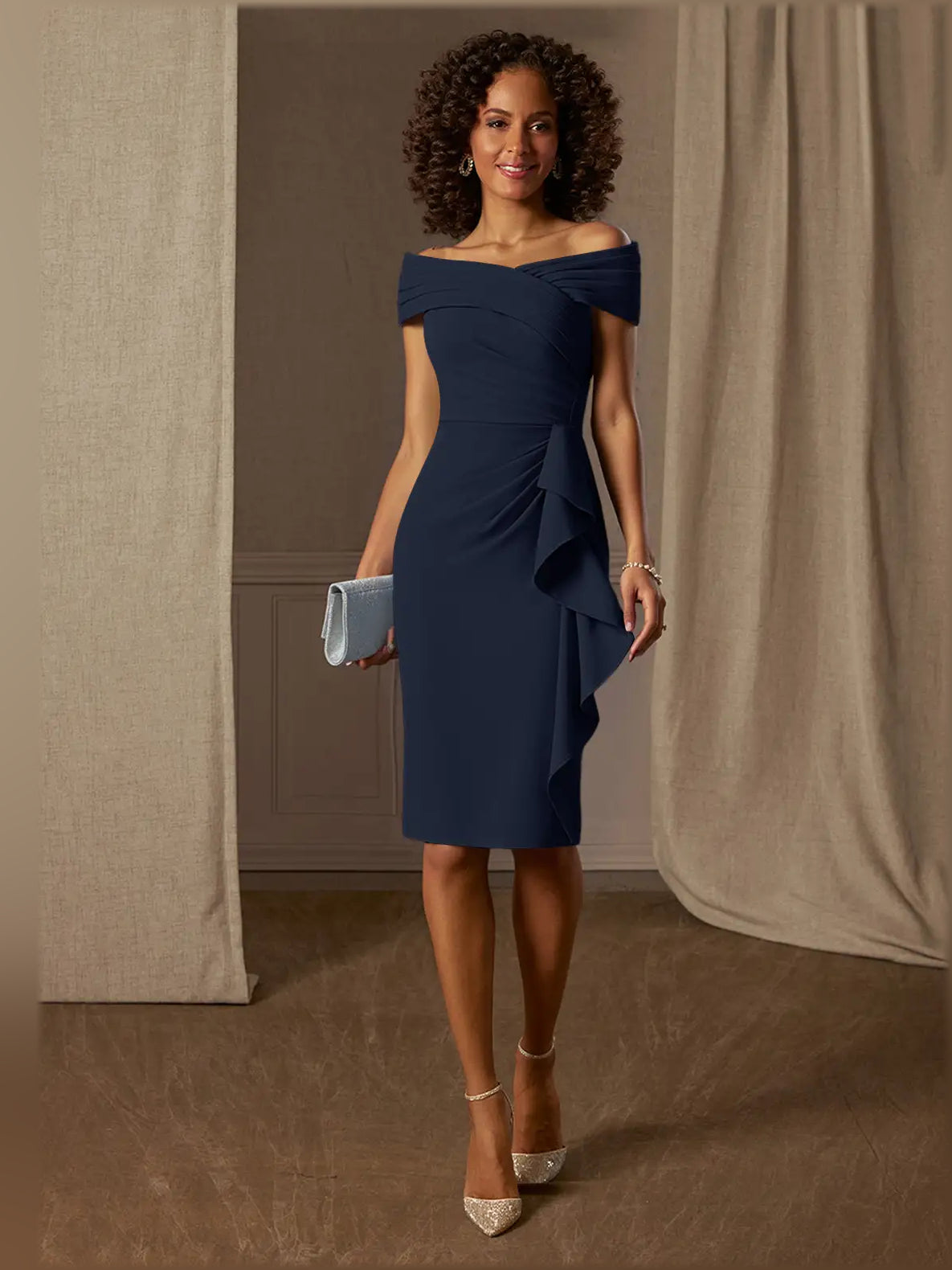 Dark Navy sheath maxi formal dress with ruching, alternate view