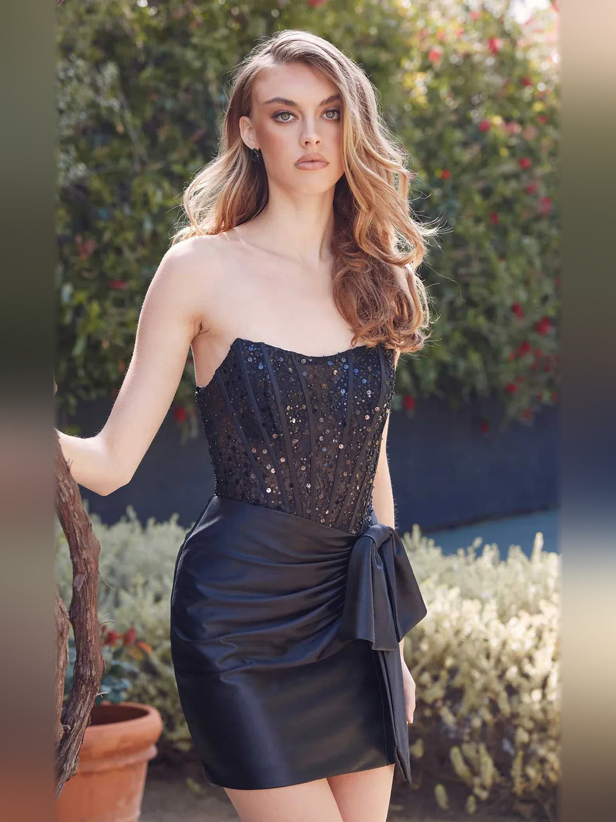 Crimson Red mini homecoming dress, alternate view showing the full-length silhouette from another angle