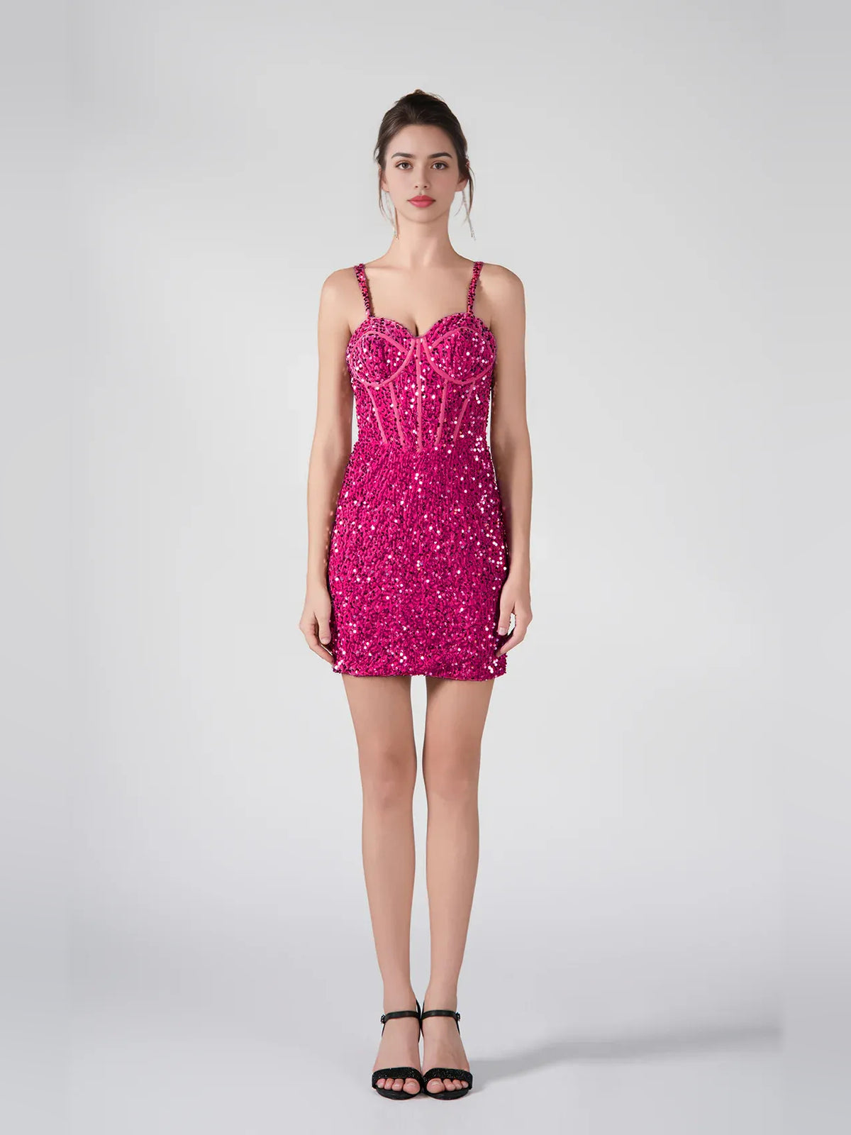 Magenta mini homecoming dress, alternate view showing the full-length silhouette