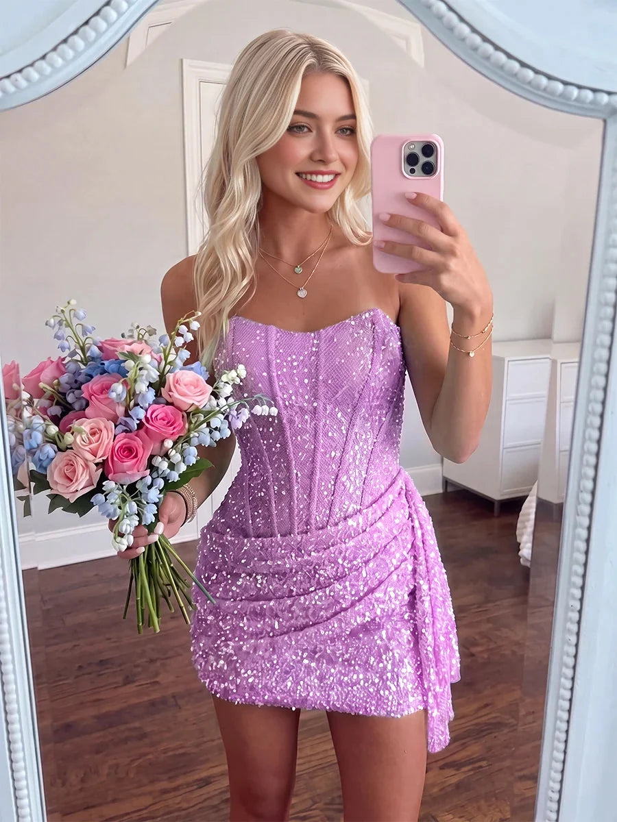 Lilac mini homecoming dress, alternate view showing the full-length silhouette