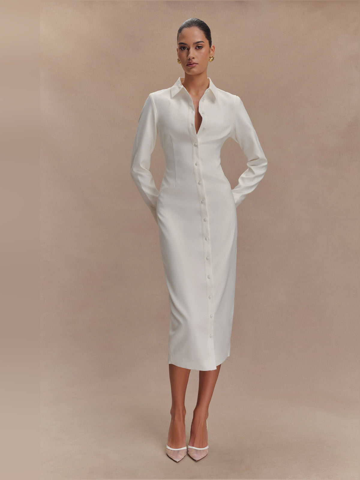 White midi formal dress, alternate view showing the shoulder line