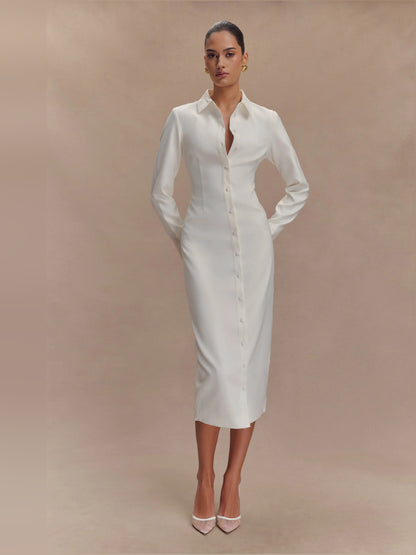 White midi formal dress, alternate view showing the shoulder line
