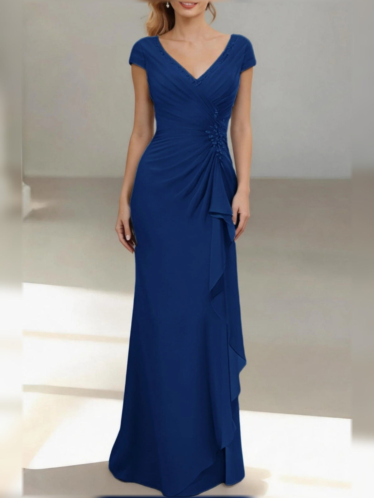 Royal Blue floor-length mother of the bride dress, alternate view showing the full-length silhouette