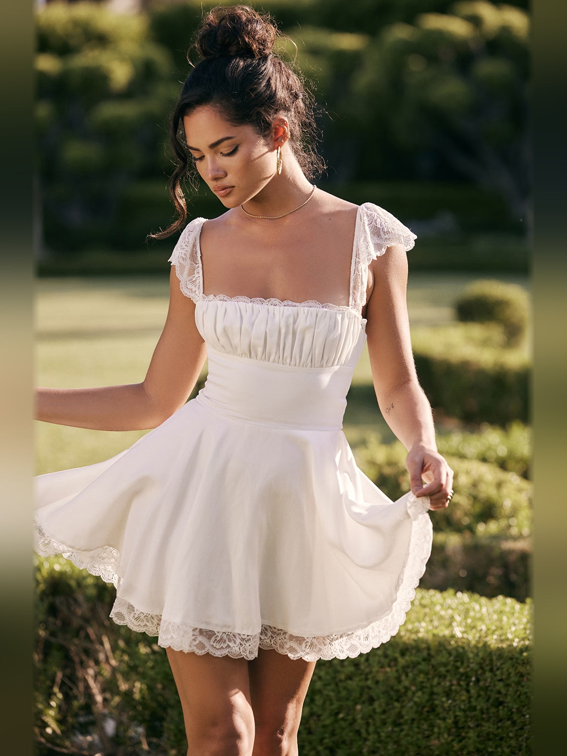Ivory mini homecoming dress, alternate view showing the full-length silhouette