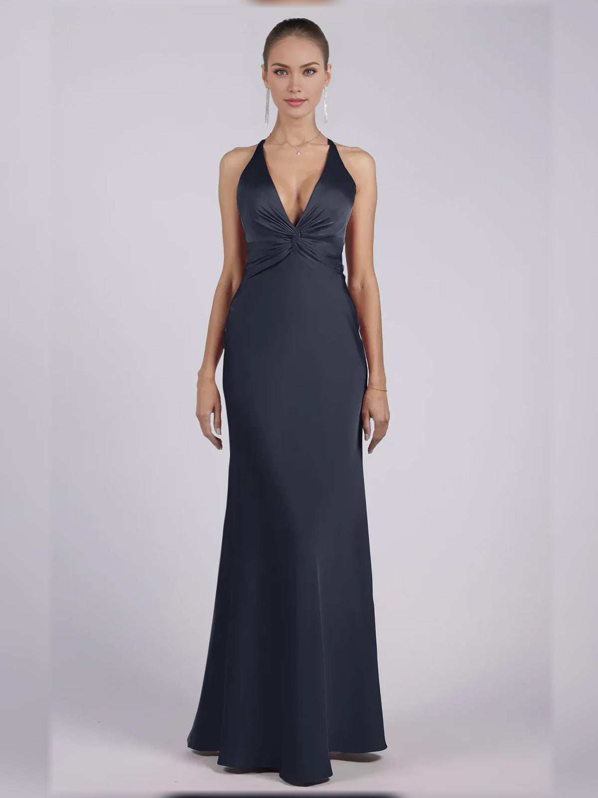 Navy Blue sheath floor-length formal dress with halter neckline, alternate view