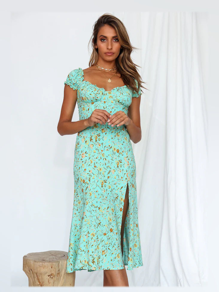 Orange midi formal dress, alternate view showing the shoulder line