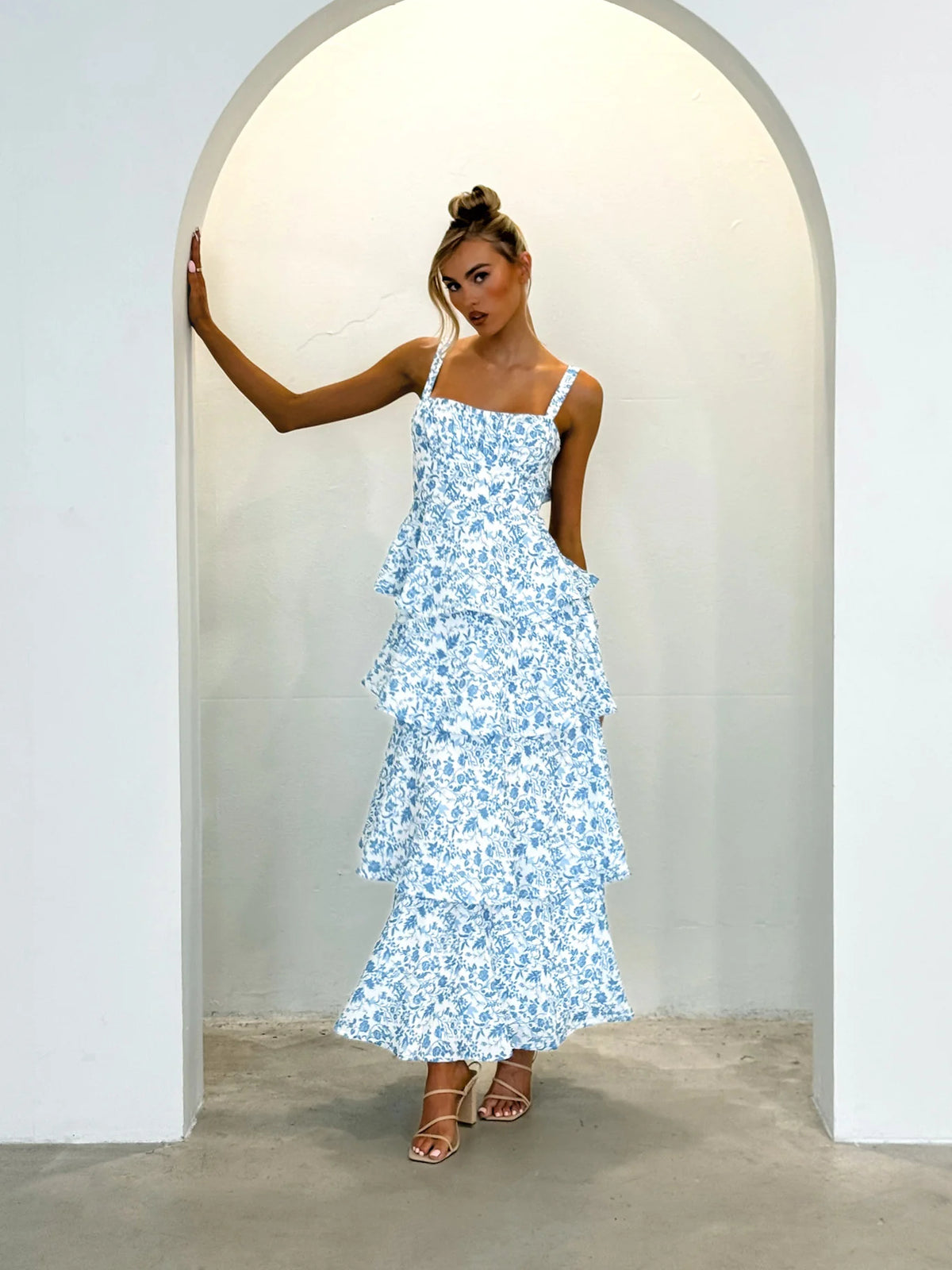 Blue midi formal dress with floral print, alternate view showing the shoulder line