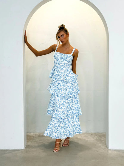 Blue midi formal dress with floral print, alternate view showing the shoulder line