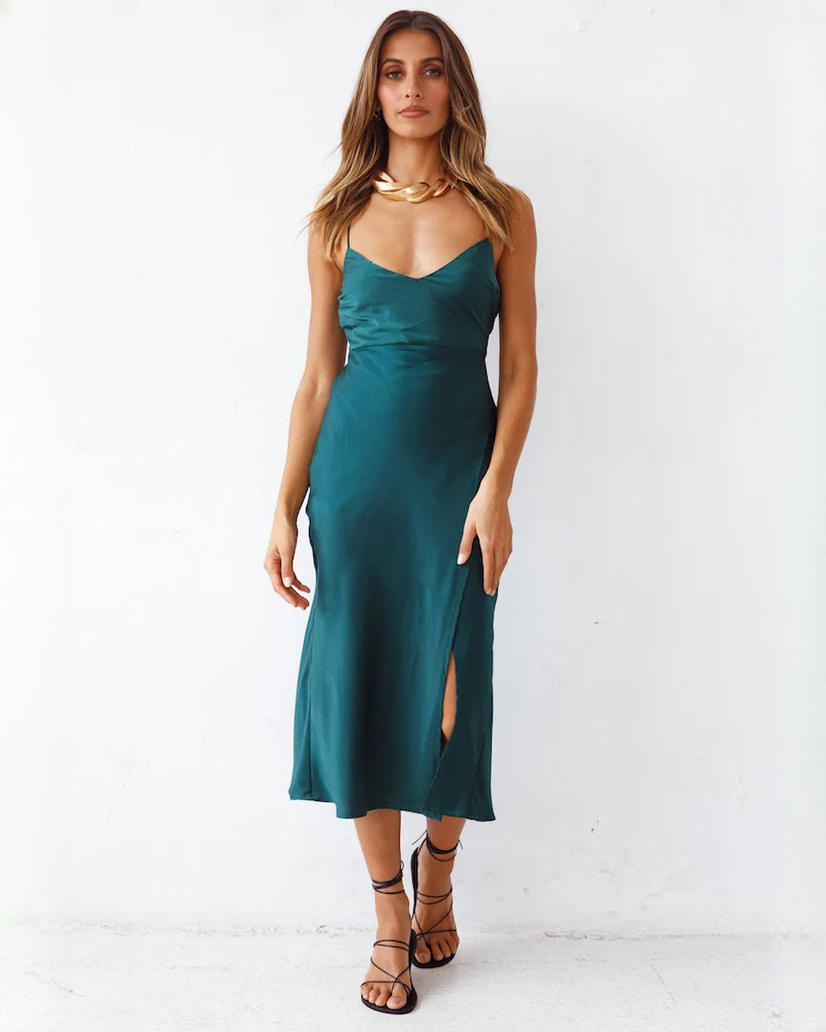 sleeveless satin a-line midi bridesmaid dress - image 7