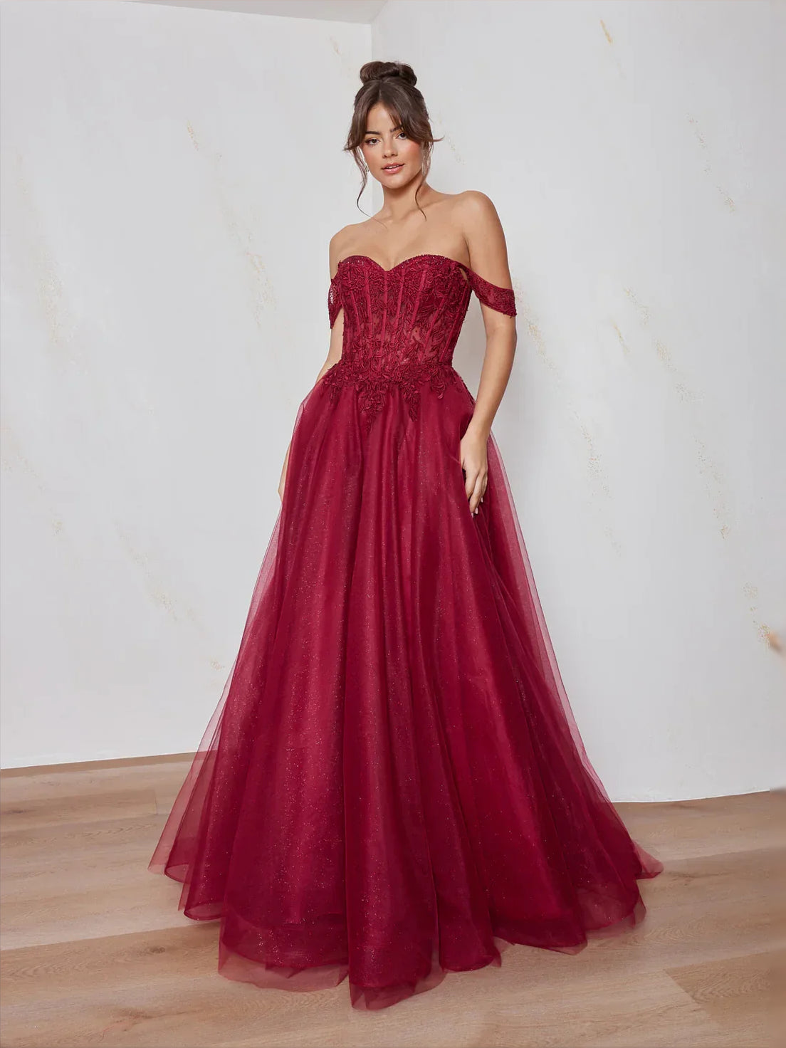 Burgundy maxi prom dress, alternate view showing the full-length silhouette
