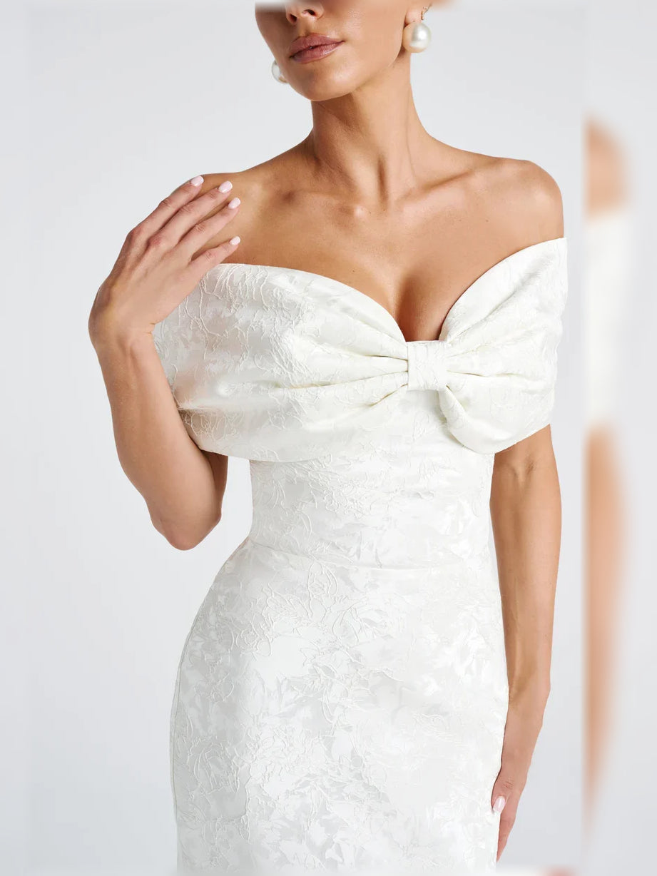 Peach mermaid floor-length formal dress with bow detail, alternate view showing the shoulder line