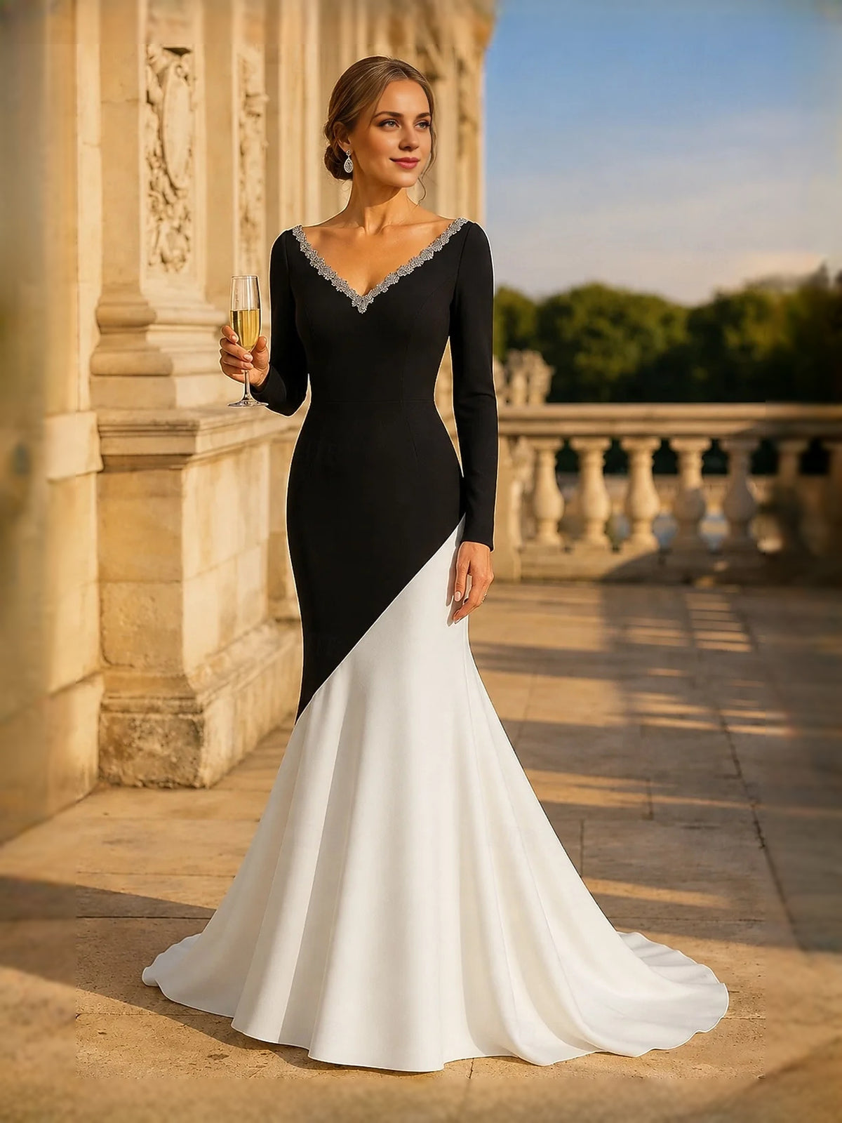 Black & White maxi prom dress, alternate view showing the full-length silhouette