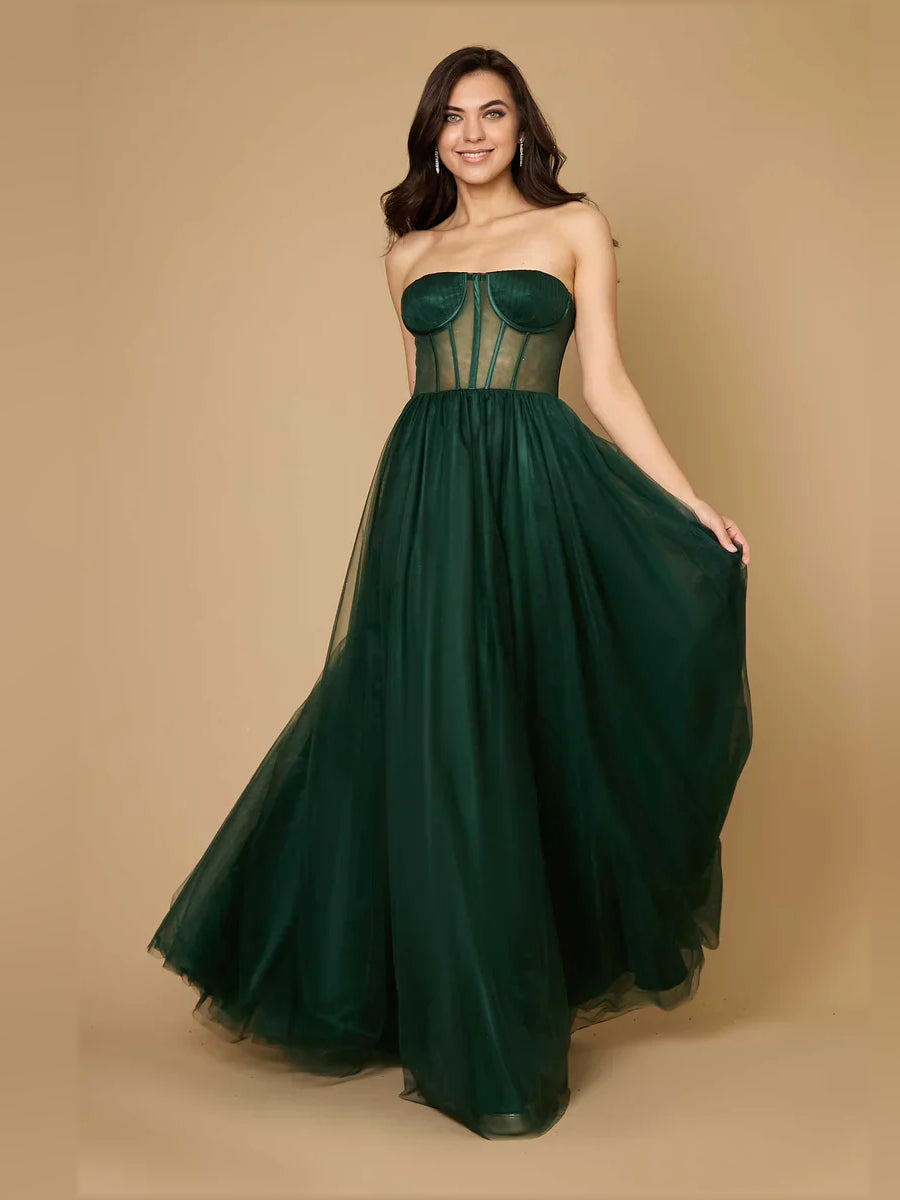 Mauve floor-length prom dress, back view showing the rear of the dress in an additional pose