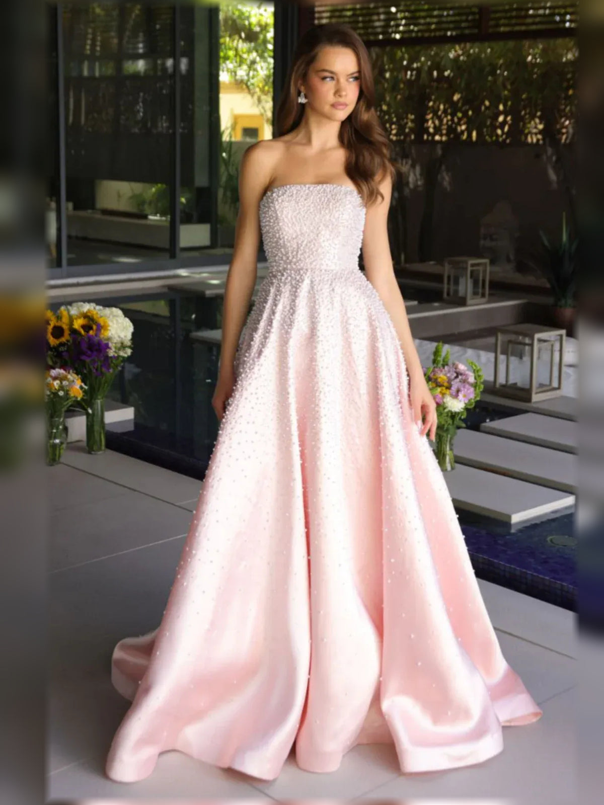 Blush Pink floor-length formal dress with beading, alternate view