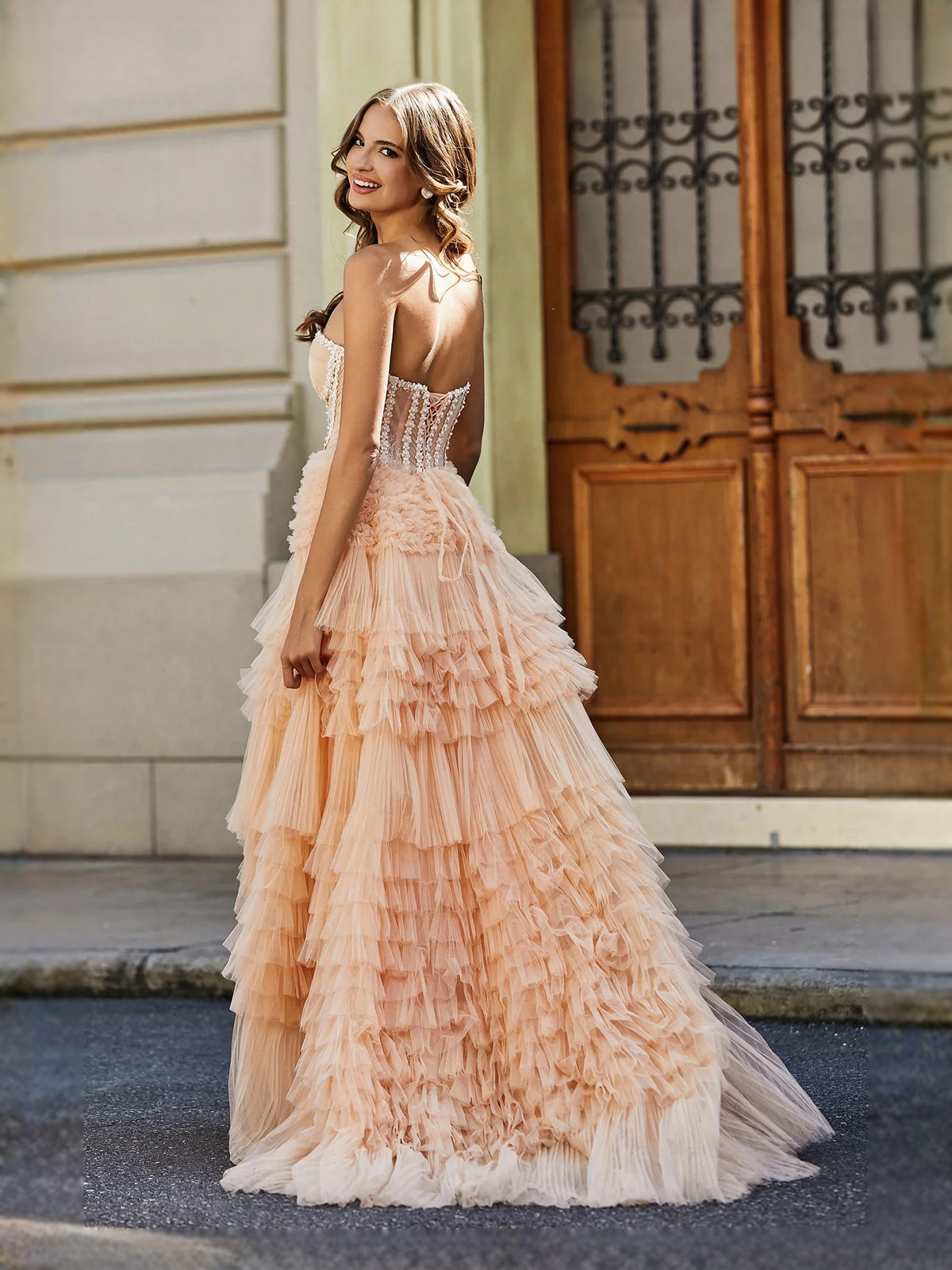 Blue floor-length prom dress, alternate view showing the full-length silhouette