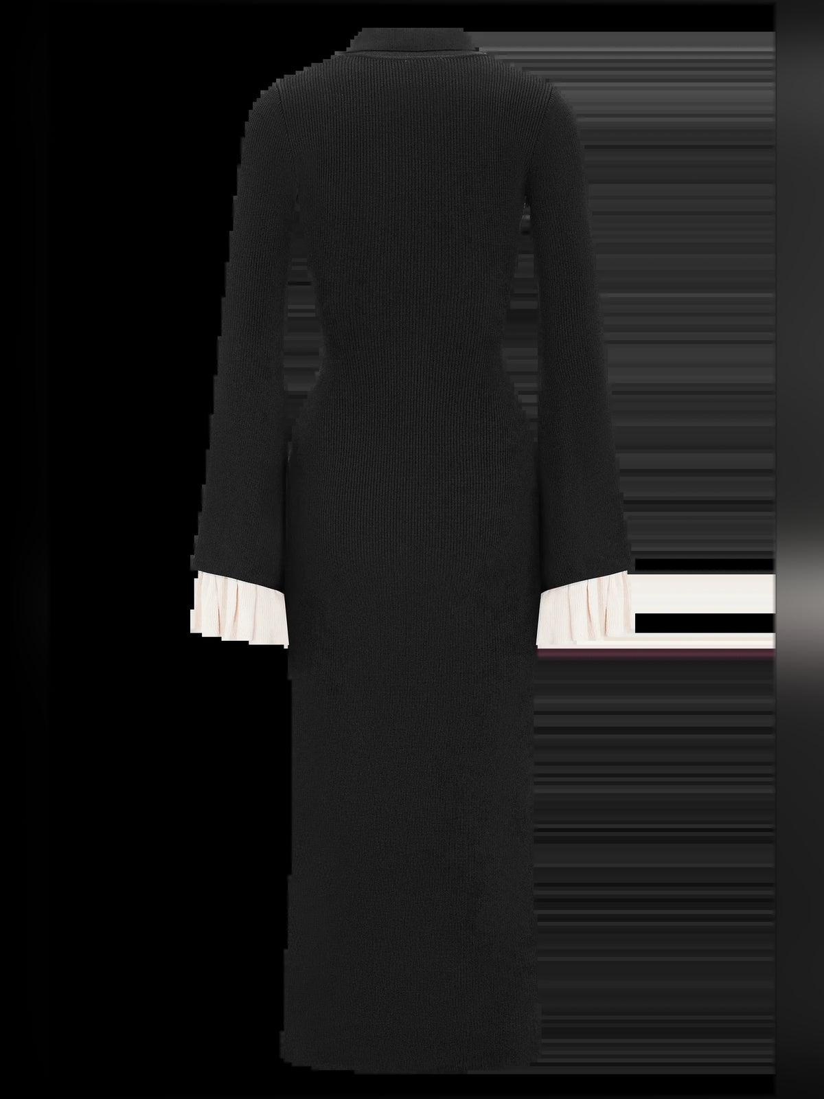 Black midi formal dress with ruffle details, alternate view showing the shoulder line